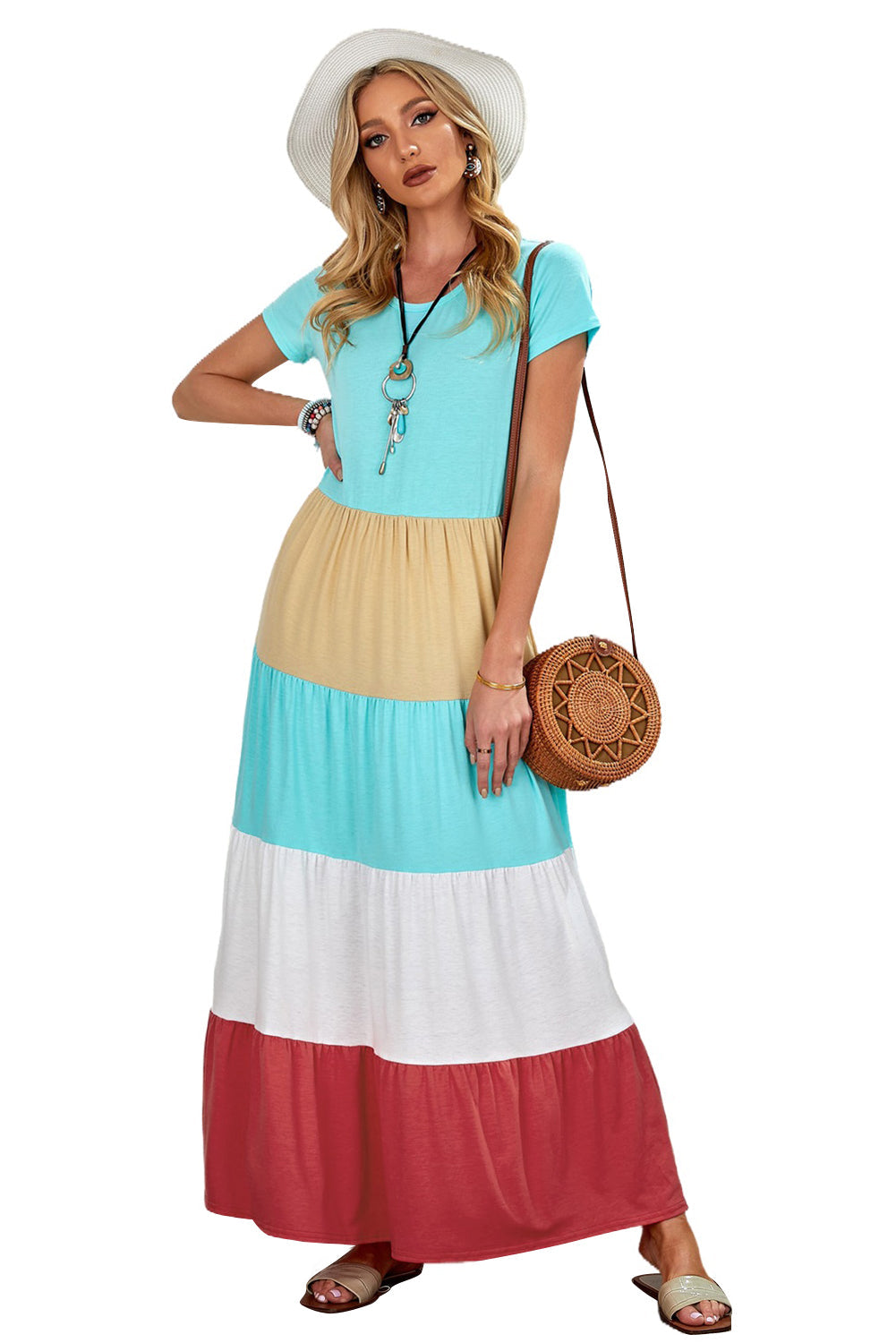 Women's Family Matching Round Neck Short-Sleeve Color-Block Adult Maxi Dress