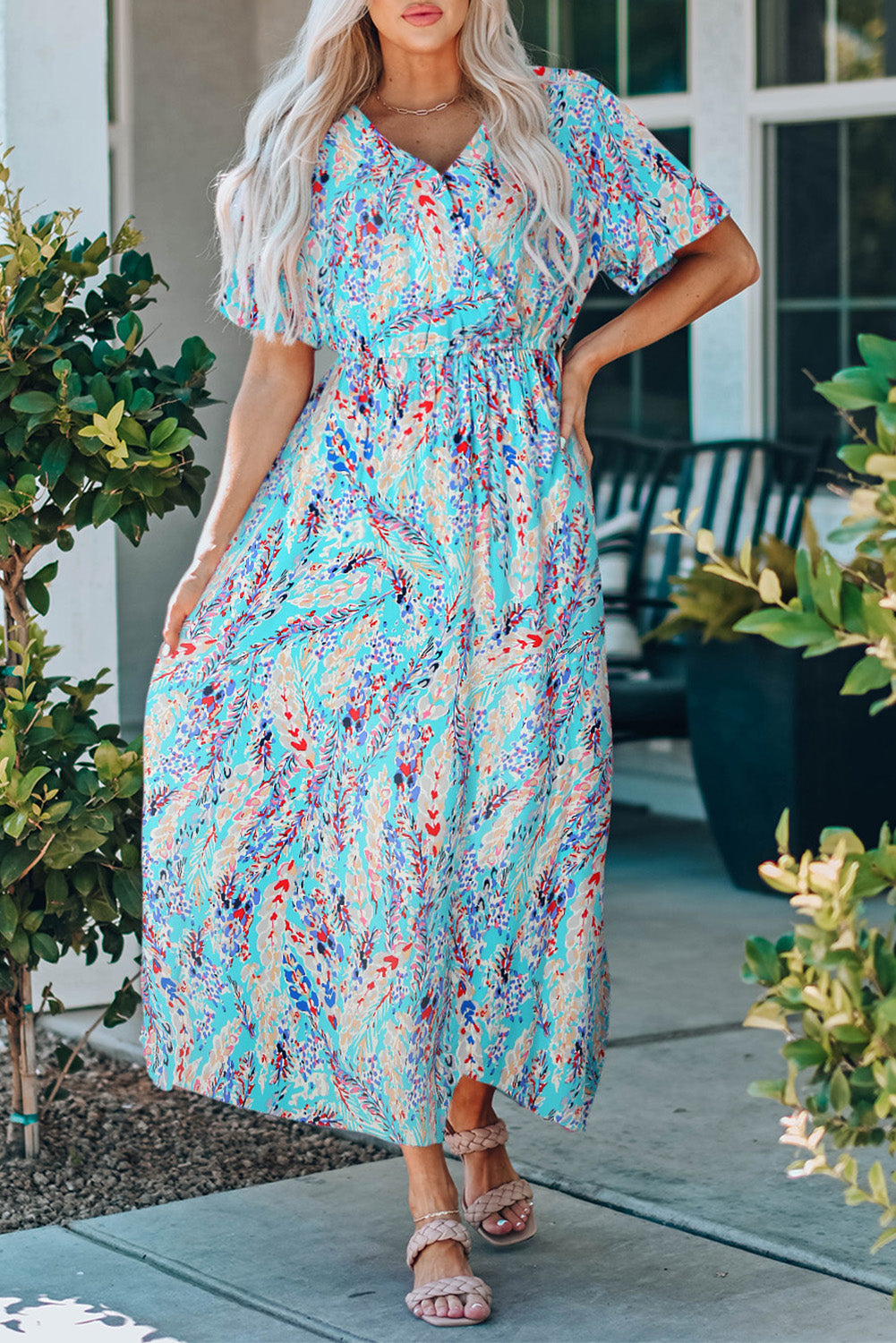 Women's Maxi Dress Featuring Wrap V Neck Floral-Print