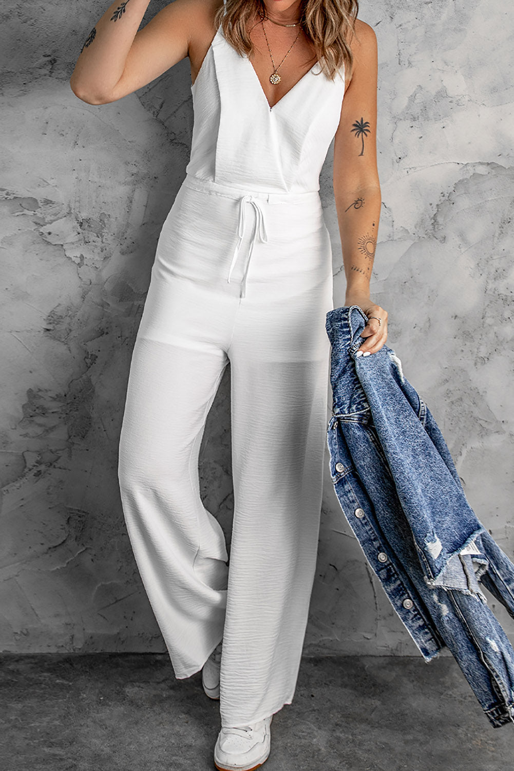 Women's Strap Wide White Spaghetti Leg Jumpsuit