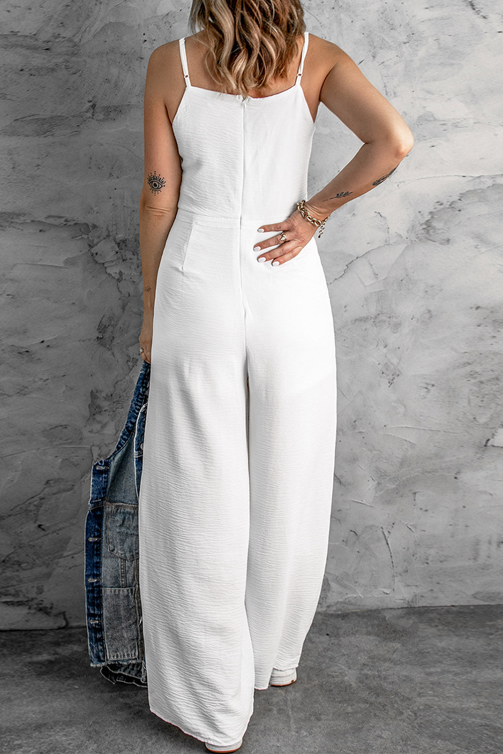 Women's Strap Wide White Spaghetti Leg Jumpsuit