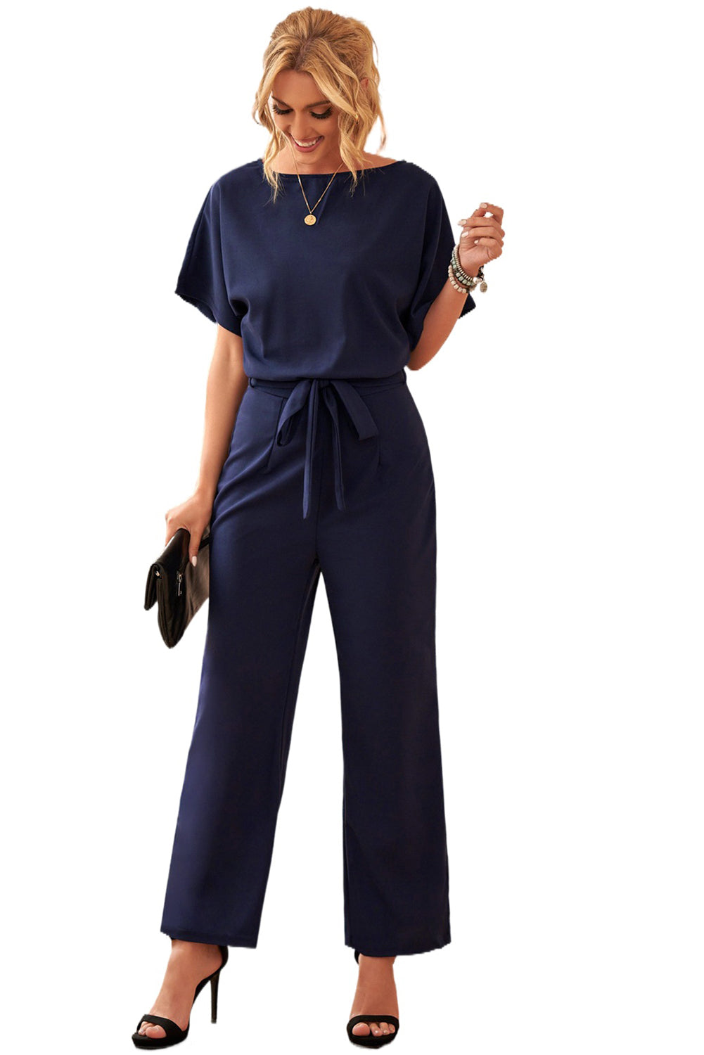 Women's Leg Jumpsuit Featuring Chic Blue Oh So Glam Belted Wide