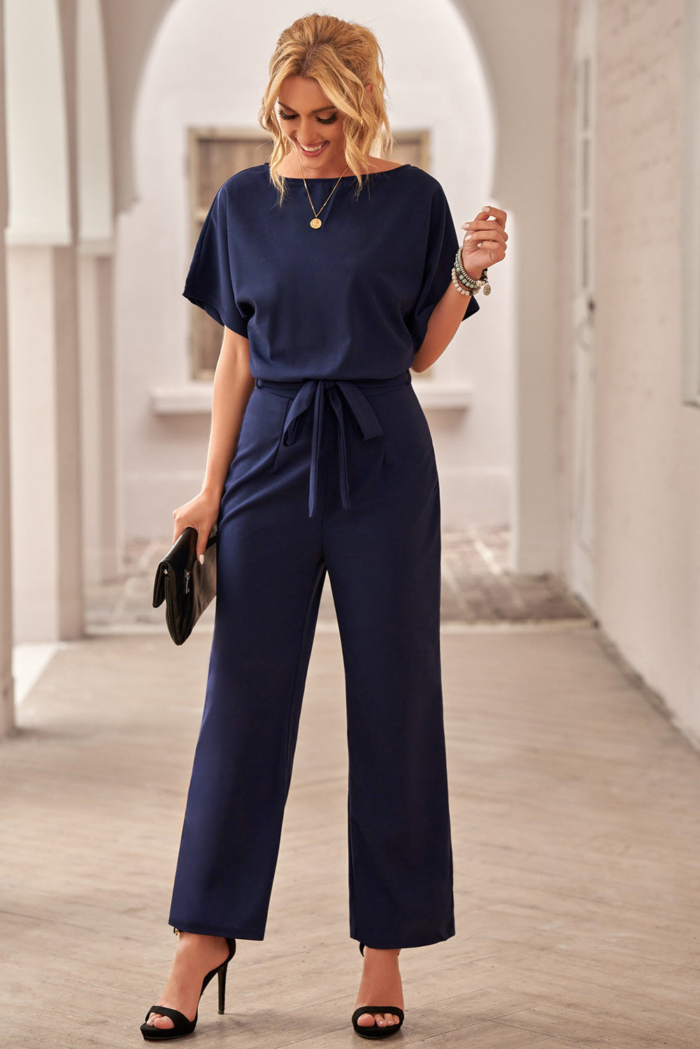Women's Leg Jumpsuit Featuring Chic Blue Oh So Glam Belted Wide