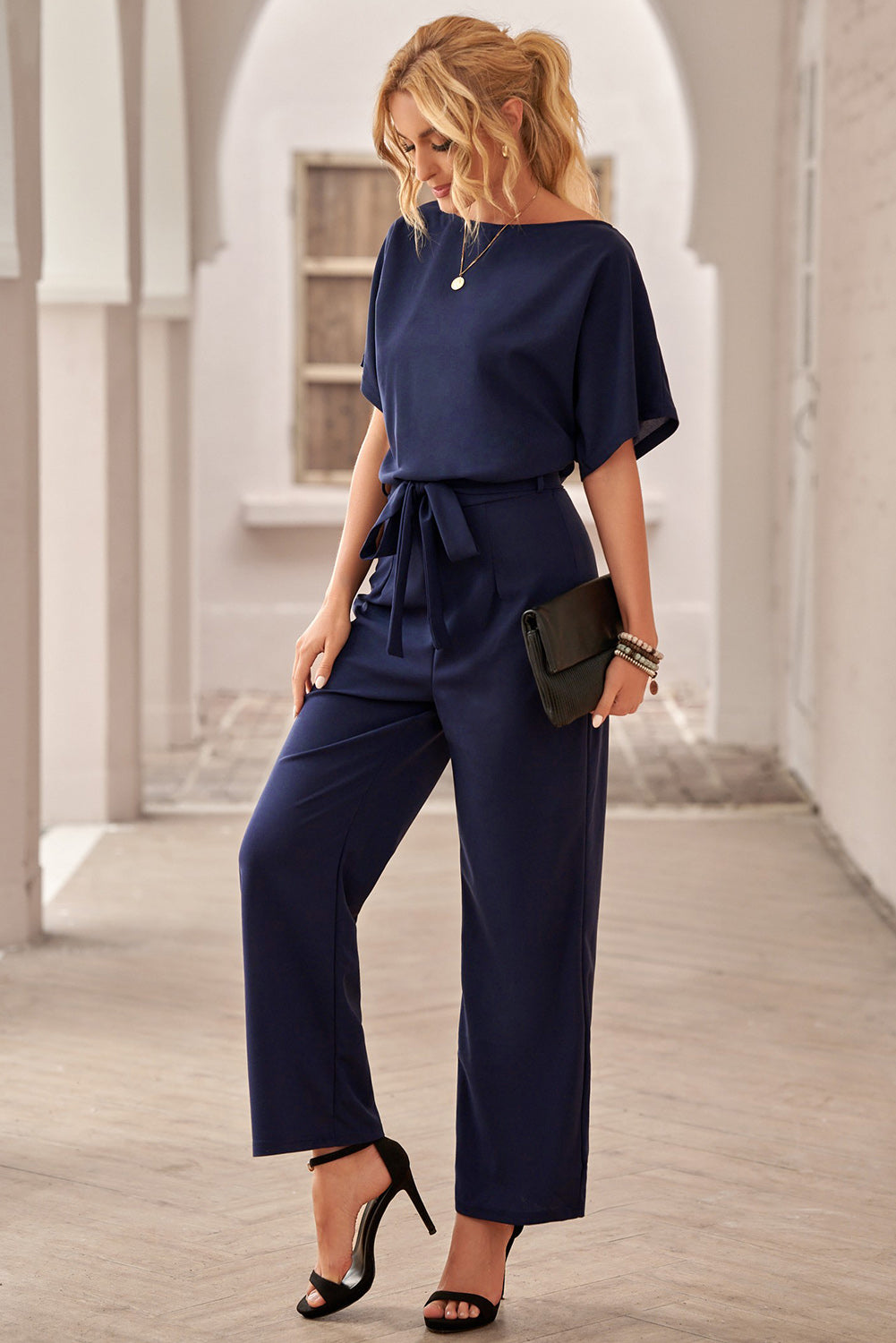 Women's Leg Jumpsuit Featuring Chic Blue Oh So Glam Belted Wide