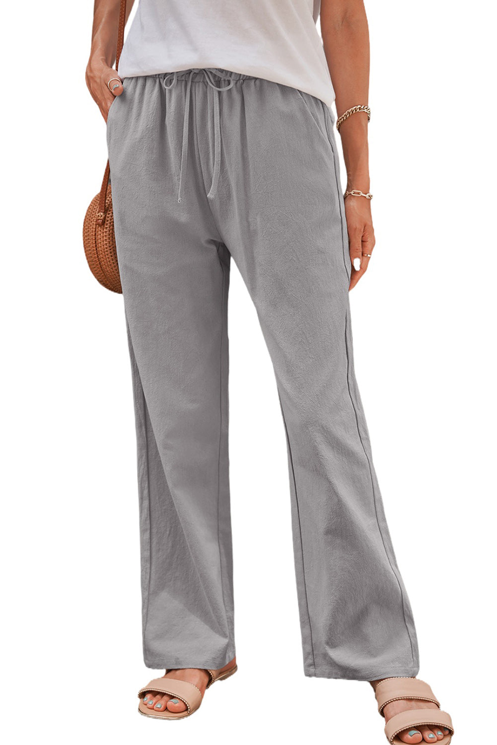 Women's Pants with Pockets Long Straight Legs Women's Gray Drawcord Elastic Waist