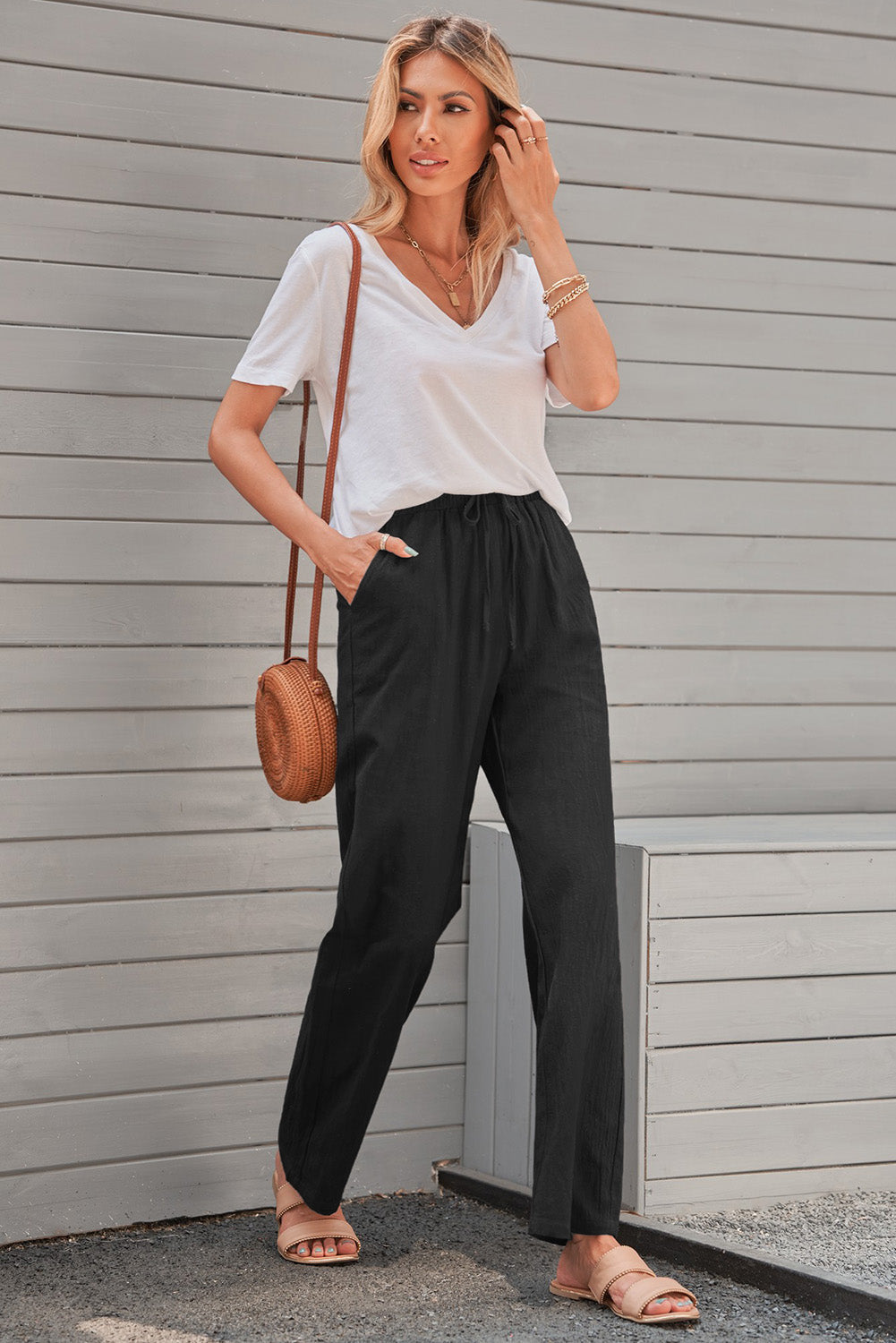 Women's Pants Featuring Long Straight Legs Women's Black Drawcord Elastic Waist Pockets