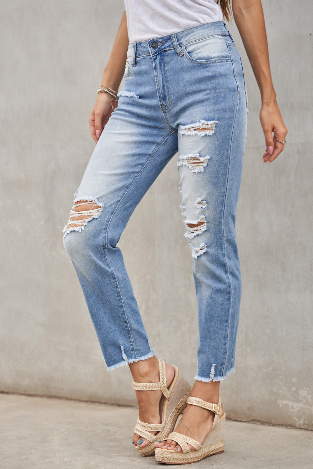 Women's Pants Featuring Fashion Light Blue Distressed Boyfriend Denim