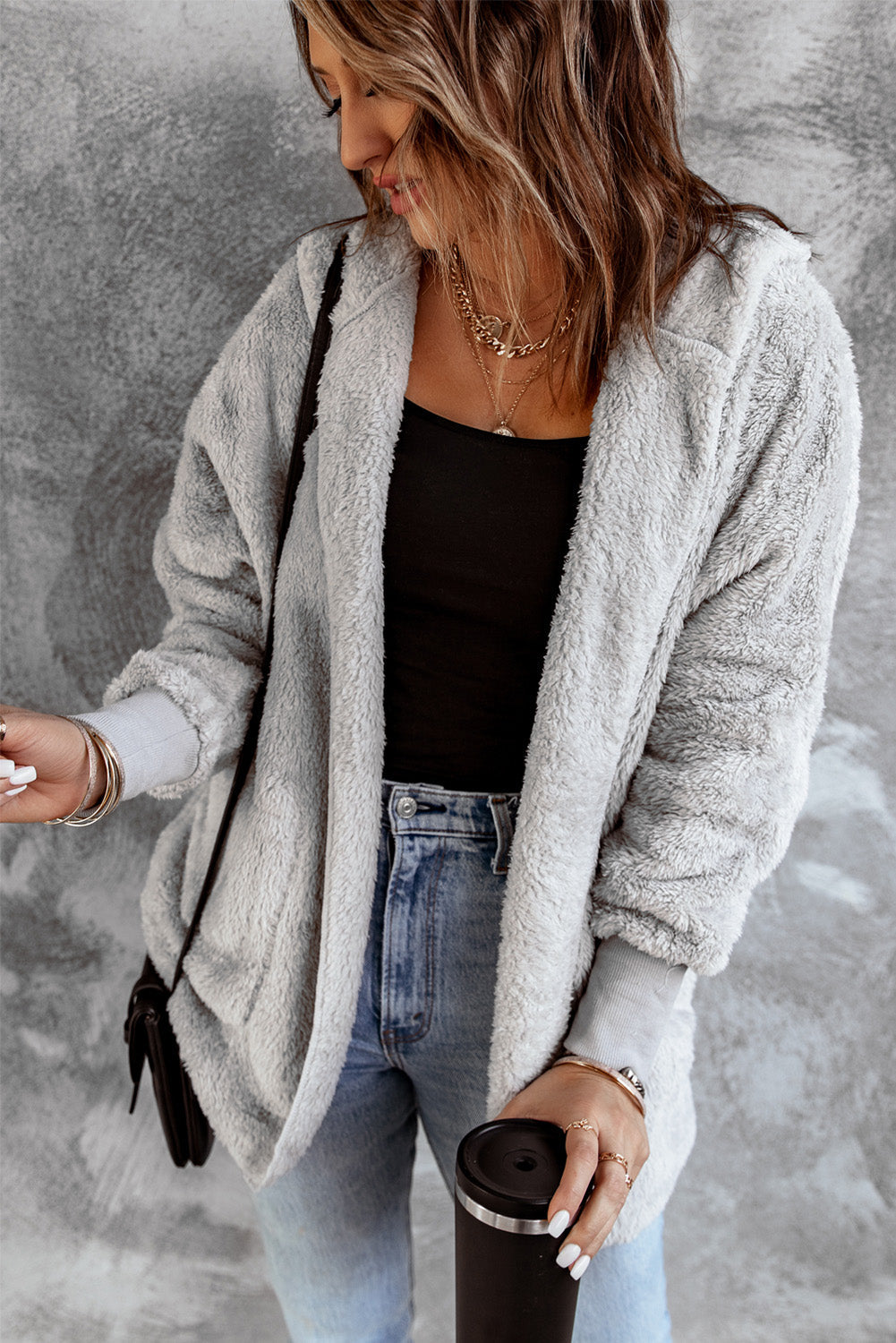Coat for Women Grey Hooded Open Front Soft Fleece