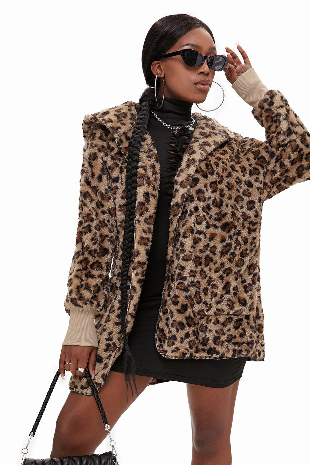 Coat for Women Women Winter Leopard-Print Soft Fleece Hooded Open Front