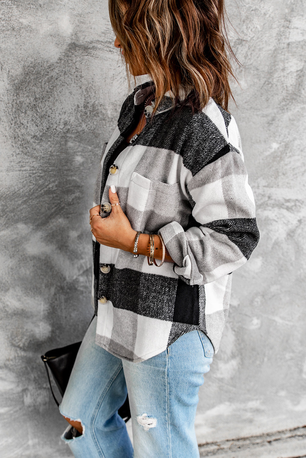 Women's Women's Gray Plaid Color-Block Button-Front Pocket Long-Sleeve Shirt Jacket