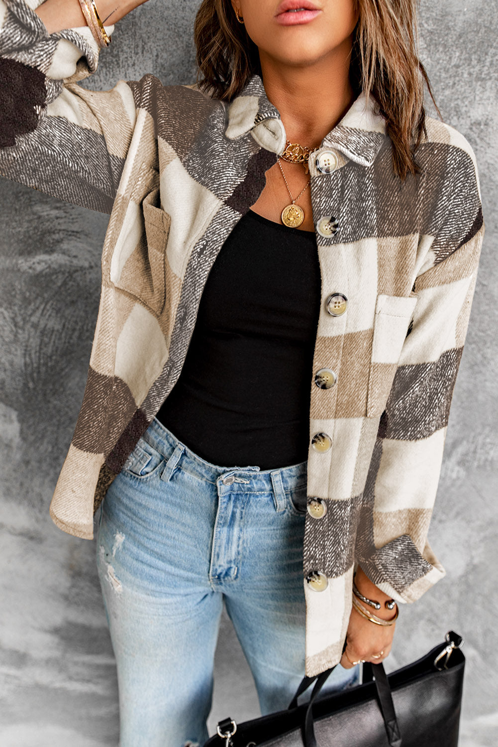 Shirt Jacket for Women Button-Front Pocket Long-Sleeve Women's Khaki Plaid Color-Block