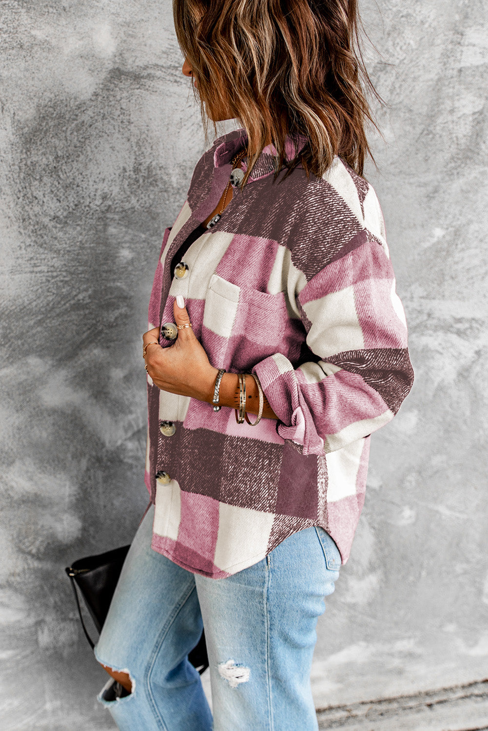 Women's Pocket with Shirt Jacket with Red Plaid Color-Block Button-Front Long-Sleeve