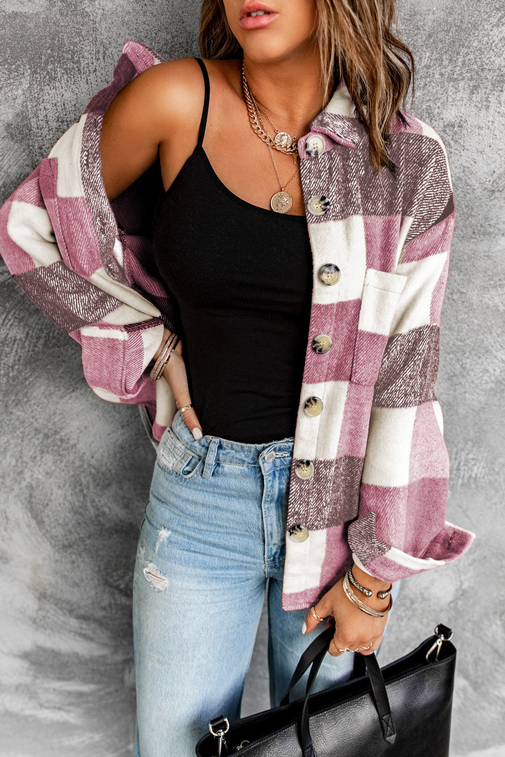 Women's Pocket with Shirt Jacket with Red Plaid Color-Block Button-Front Long-Sleeve