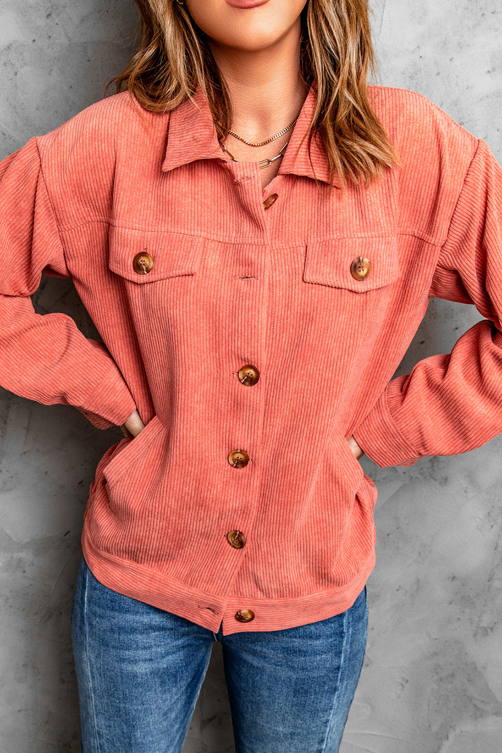Jacket for Women Pink Rib-Knitted Cord