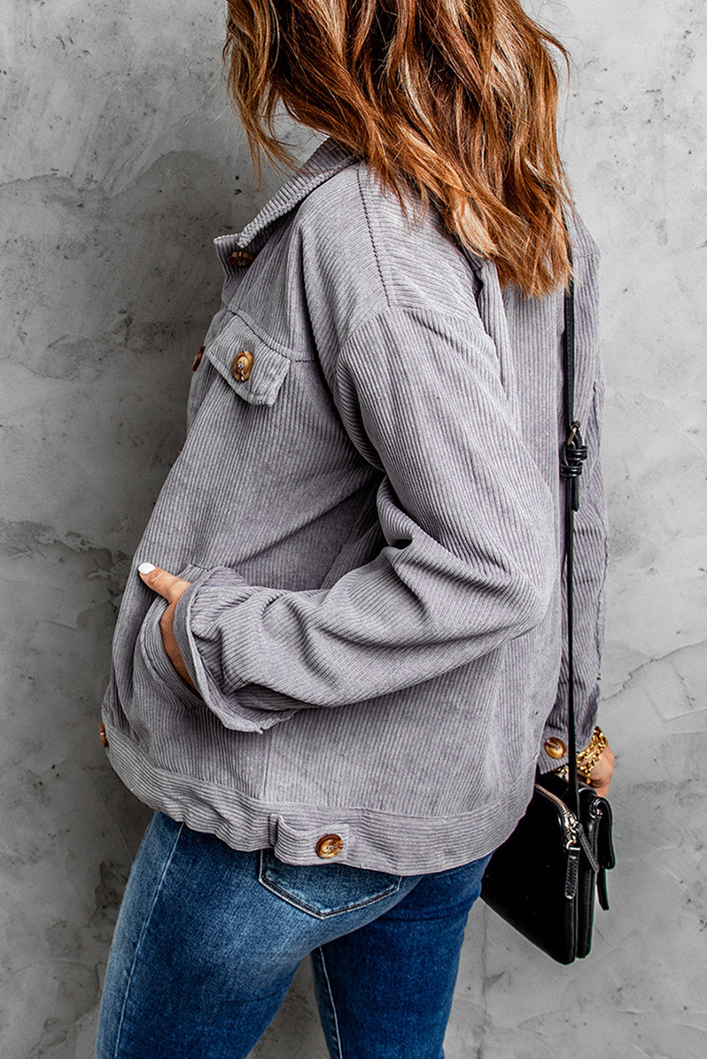 Women's Gray Rib-Knitted Cord Jacket