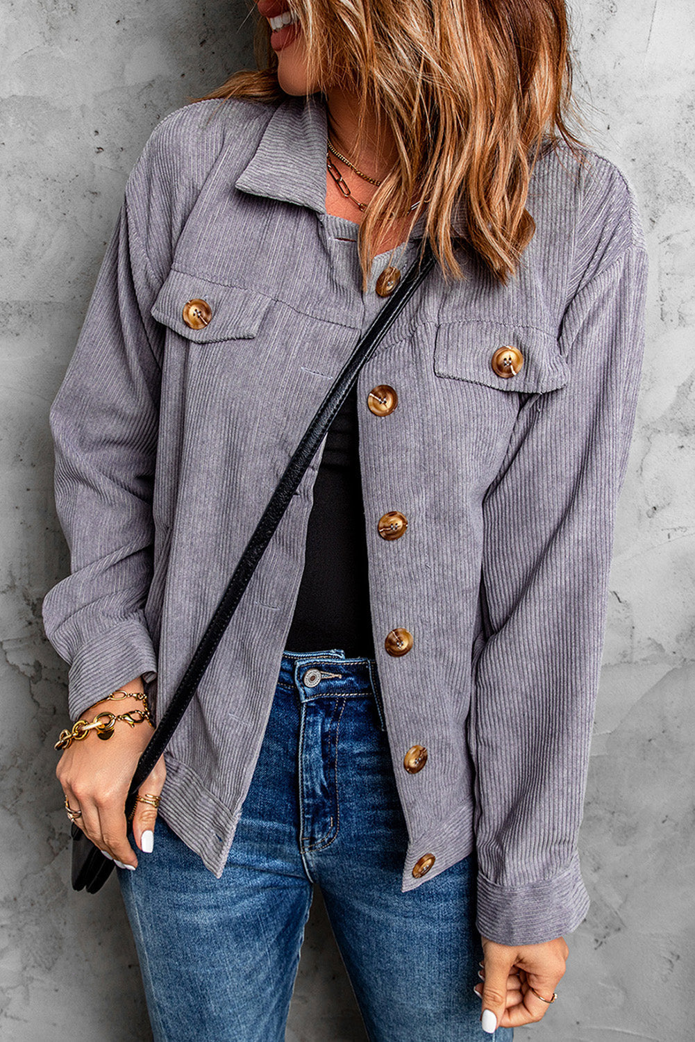 Women's Gray Rib-Knitted Cord Jacket
