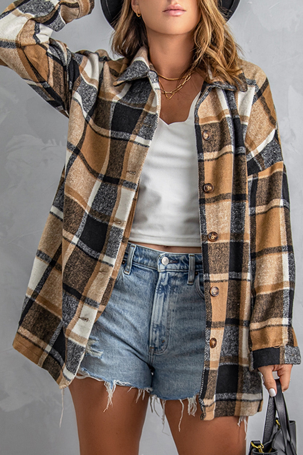 Shacket for Women Loose Lapel Button Plaid Shirts