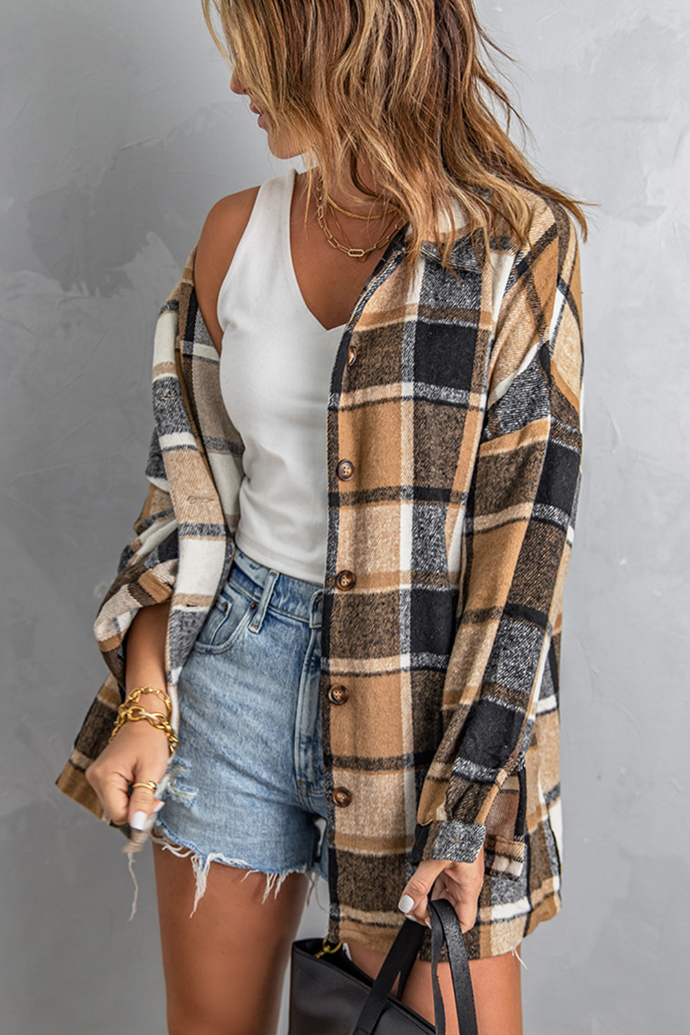 Shacket for Women Loose Lapel Button Plaid Shirts