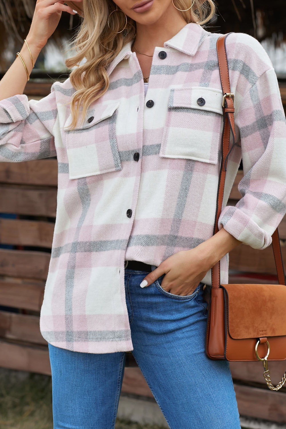 Women's Pink Plaid Women Shacket