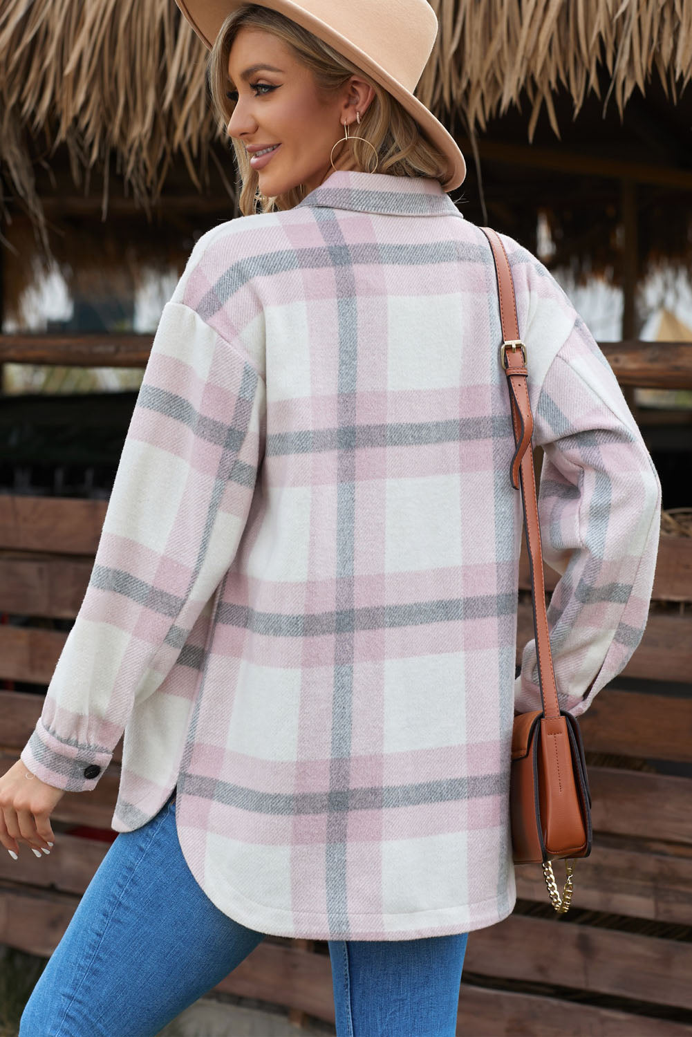 Women's Pink Plaid Women Shacket