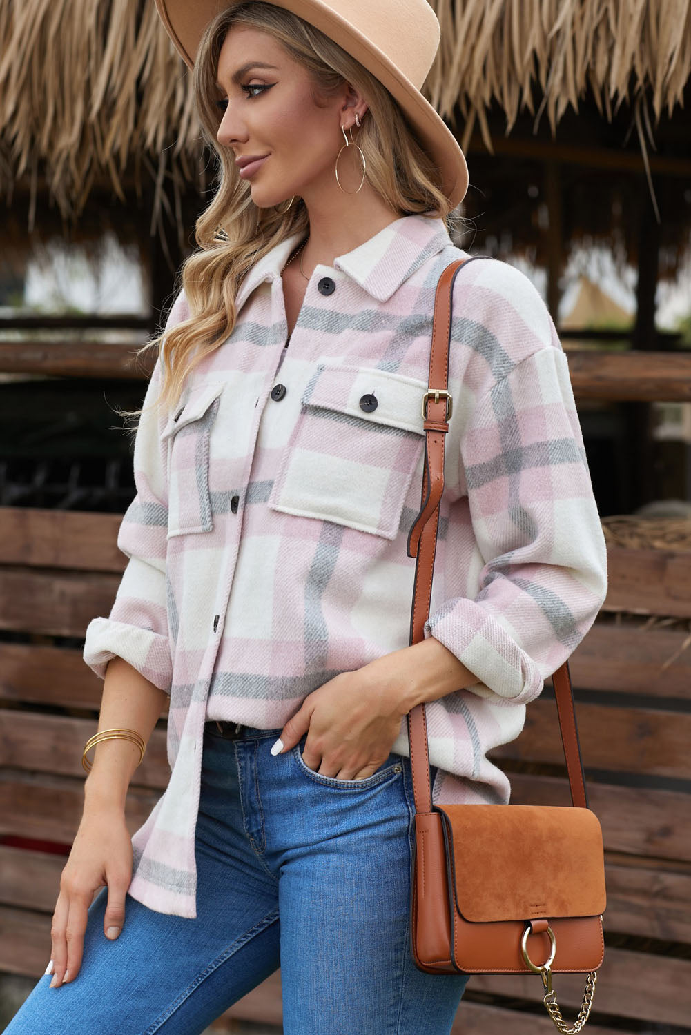 Women's Pink Plaid Women Shacket