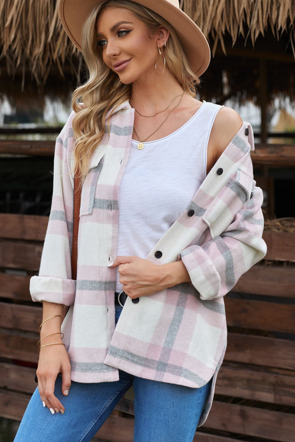 Women's Pink Plaid Women Shacket