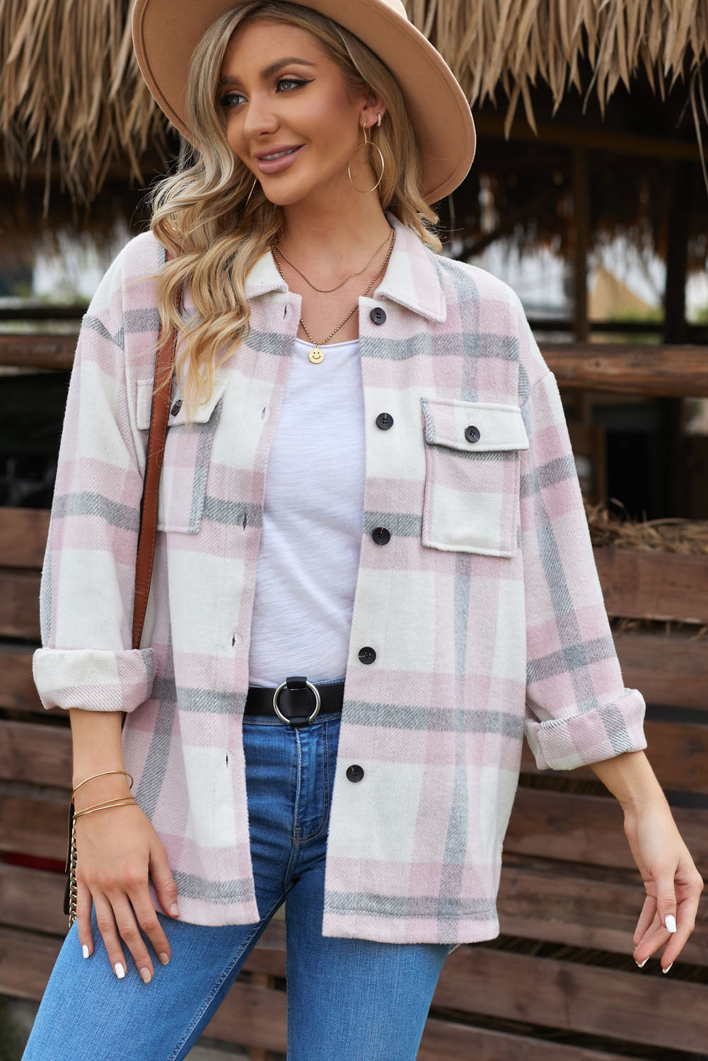Women's Pink Plaid Women Shacket