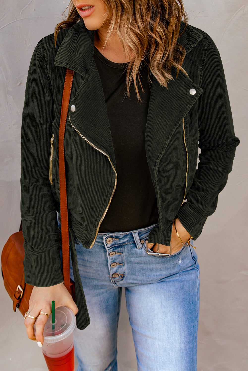 Women's Jacket Featuring Cord Buckle Belted Zip Up
