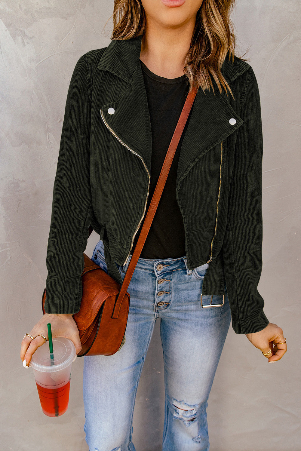 Women's Jacket Featuring Cord Buckle Belted Zip Up