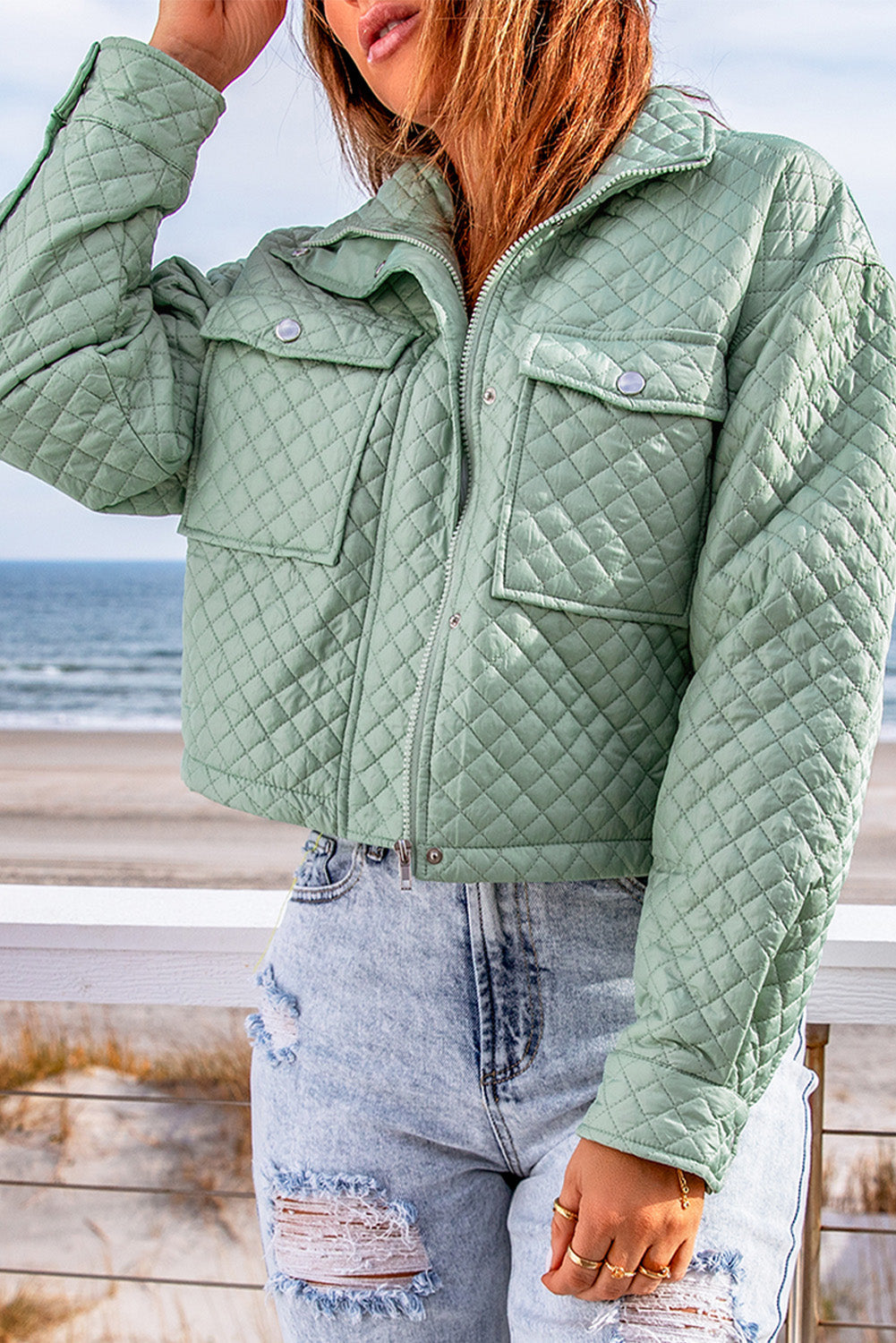 Women's Green Quilted Cropped Jacket