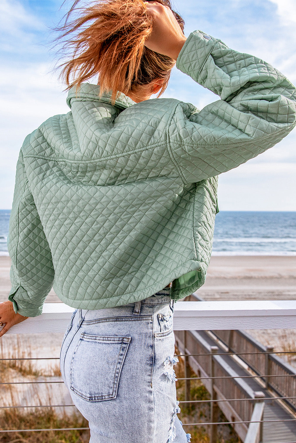 Women's Green Quilted Cropped Jacket
