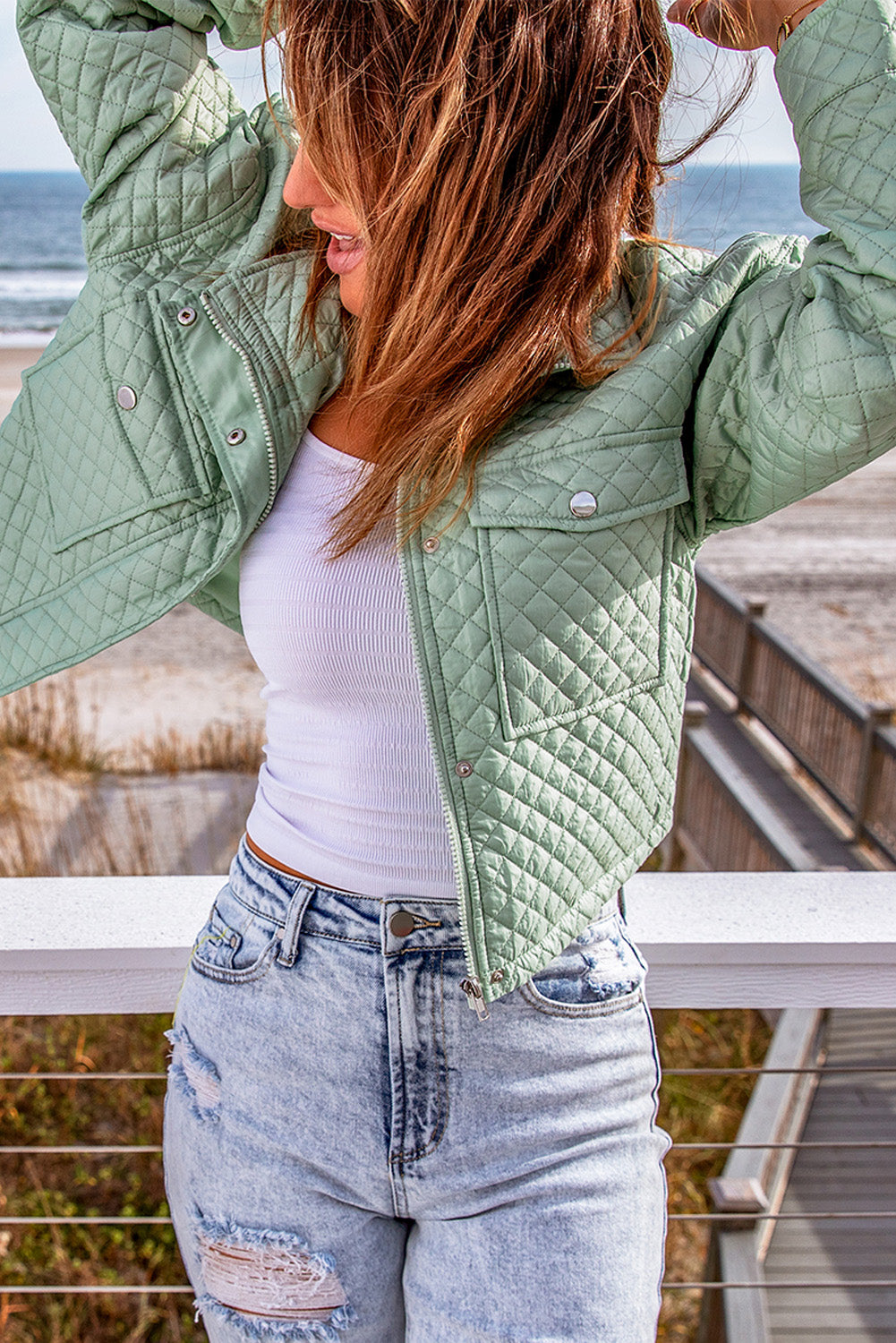 Women's Green Quilted Cropped Jacket