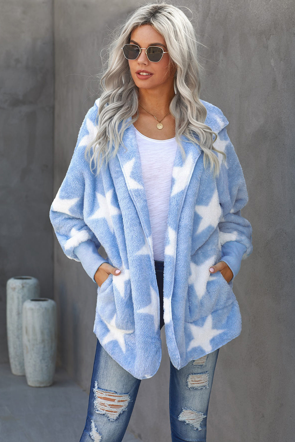 Women's Women鈥檚 Sky Blue Lapel Collar Scatter Star Fuzzy Coat