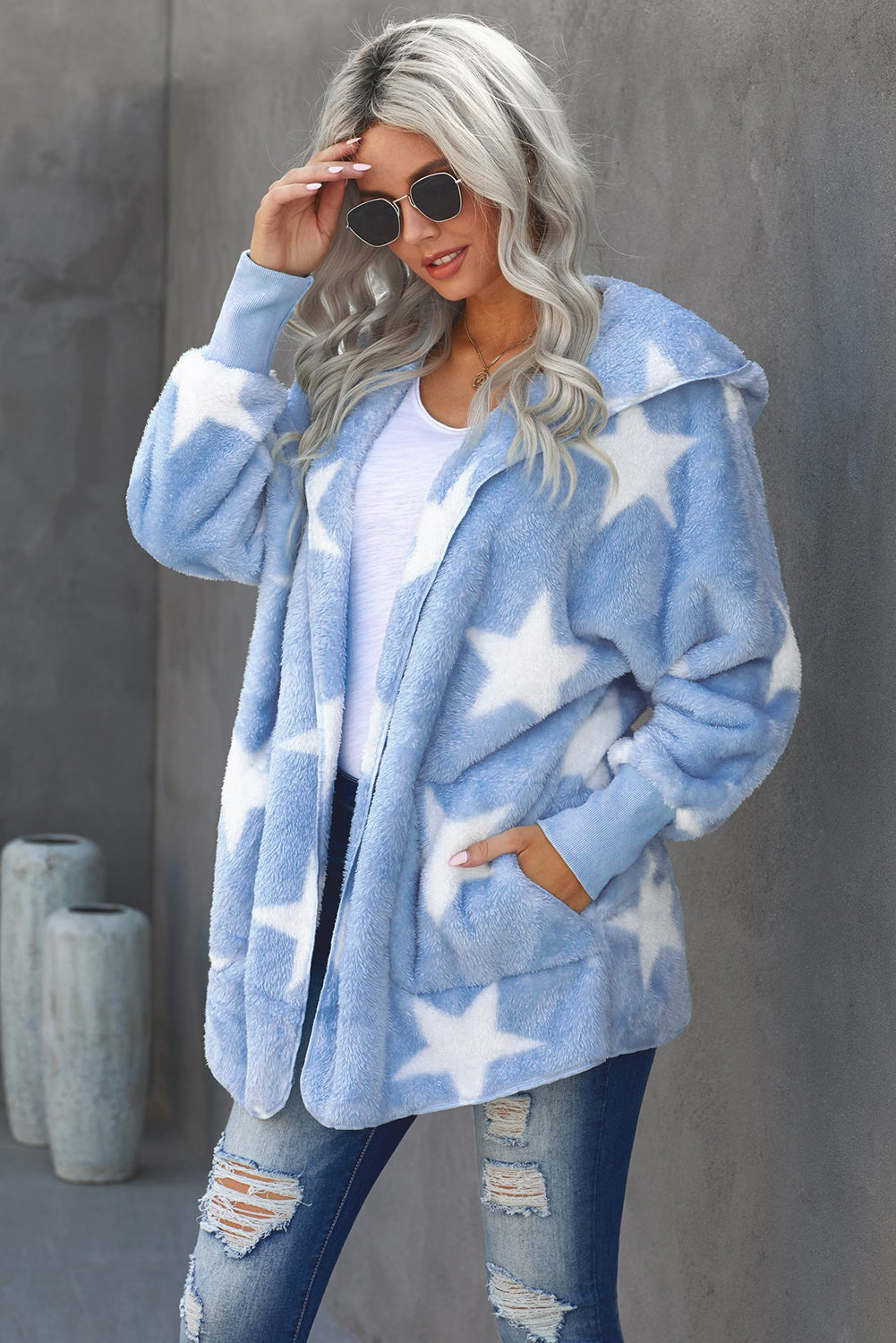 Women's Women鈥檚 Sky Blue Lapel Collar Scatter Star Fuzzy Coat