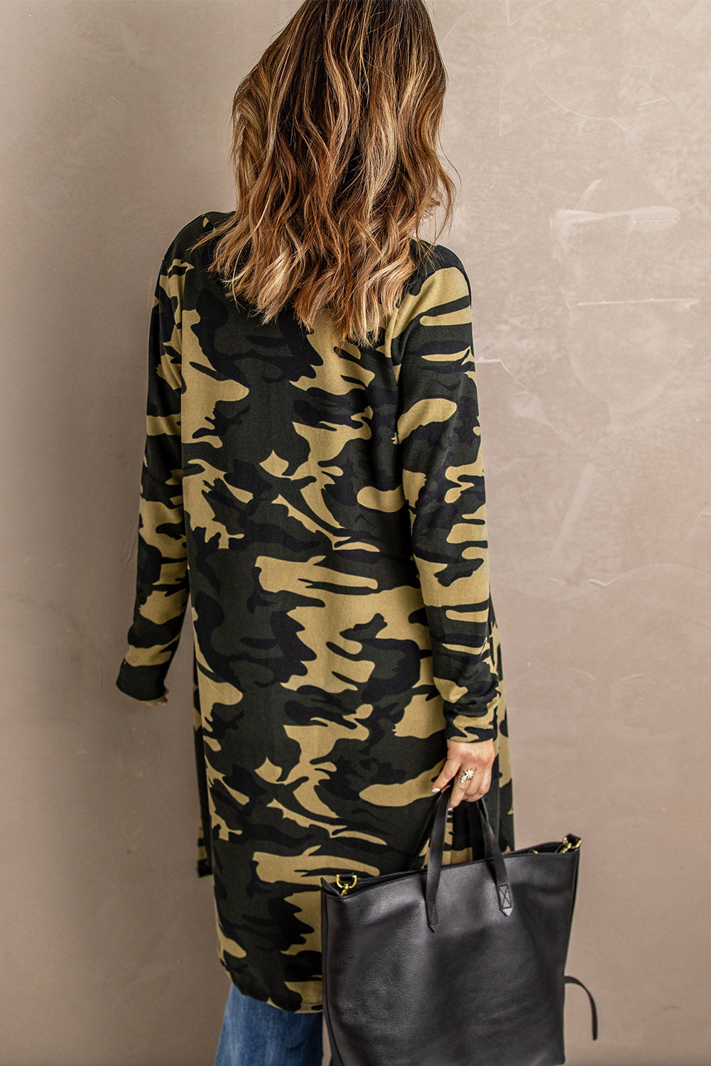 Women's Long Cardigan with Fashion Green Camouflage-Print