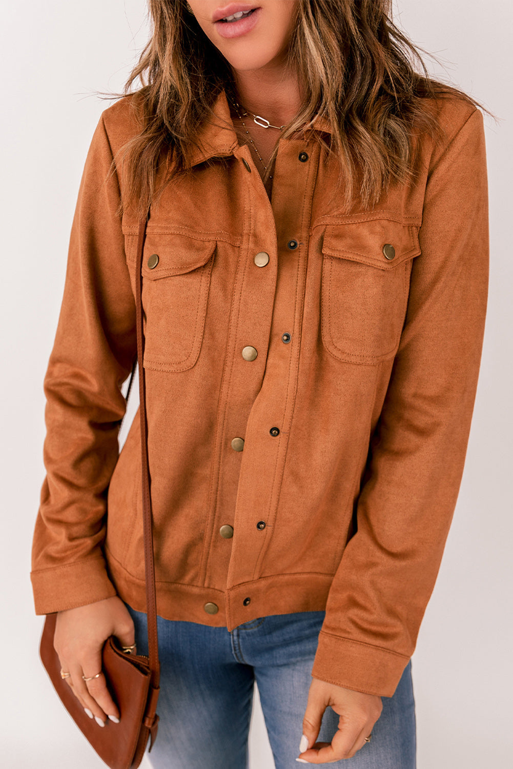 Women's Brown Flap Pocket Suede Jacket