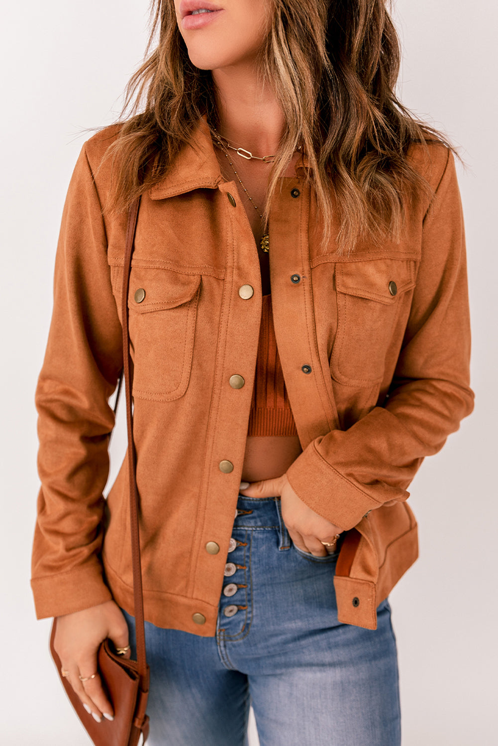 Women's Brown Flap Pocket Suede Jacket