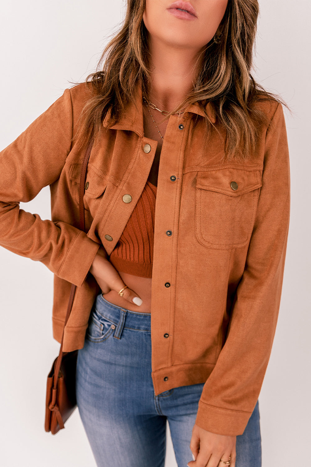 Women's Brown Flap Pocket Suede Jacket