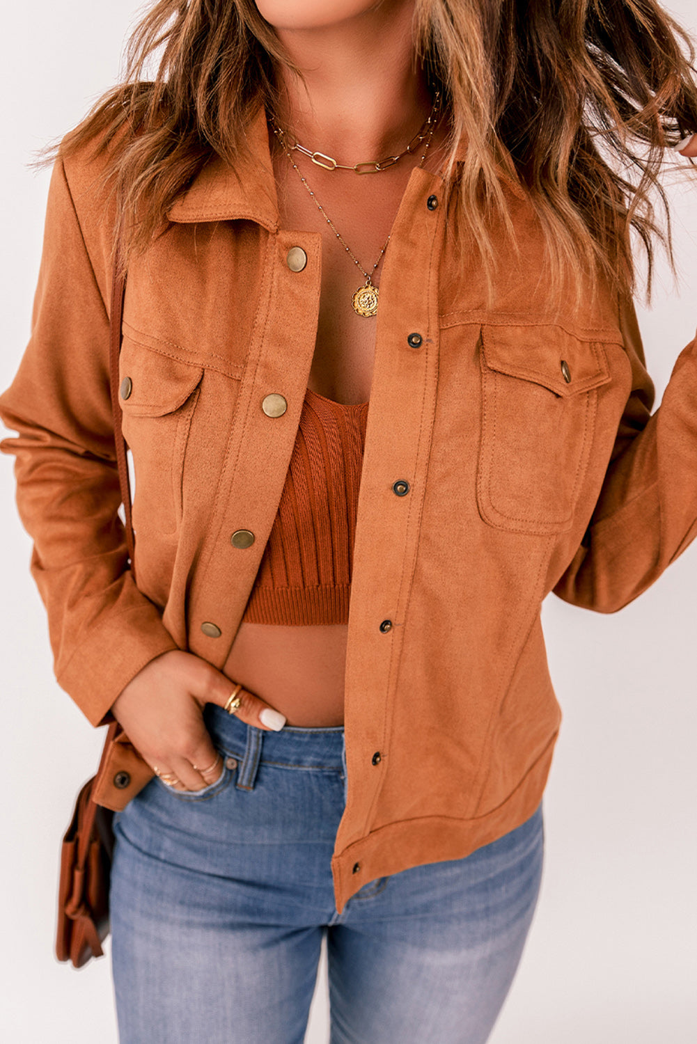 Women's Brown Flap Pocket Suede Jacket