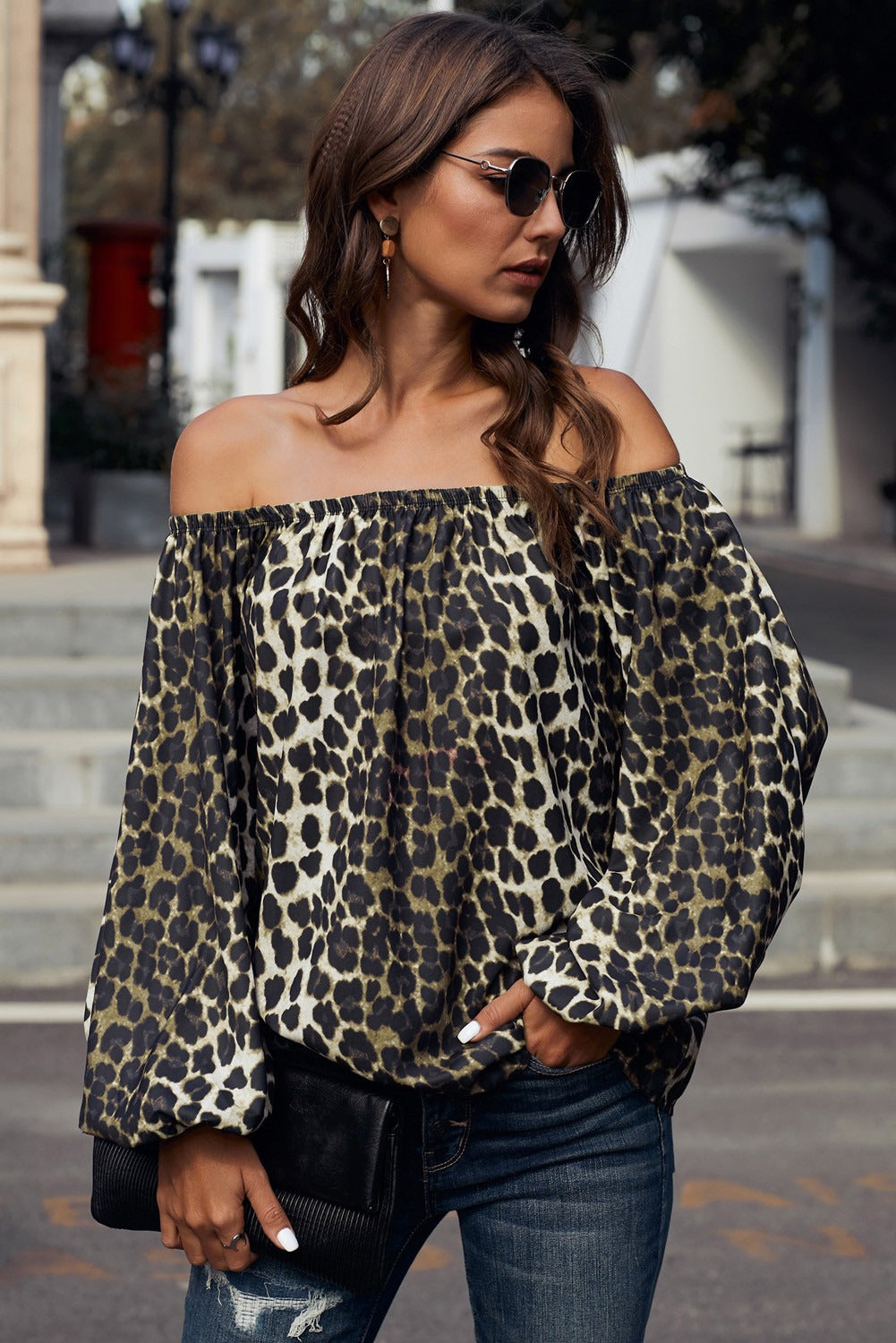 Women's Off Shoulder Leopard-Print Print Long-Sleeve Elastic Neck Top