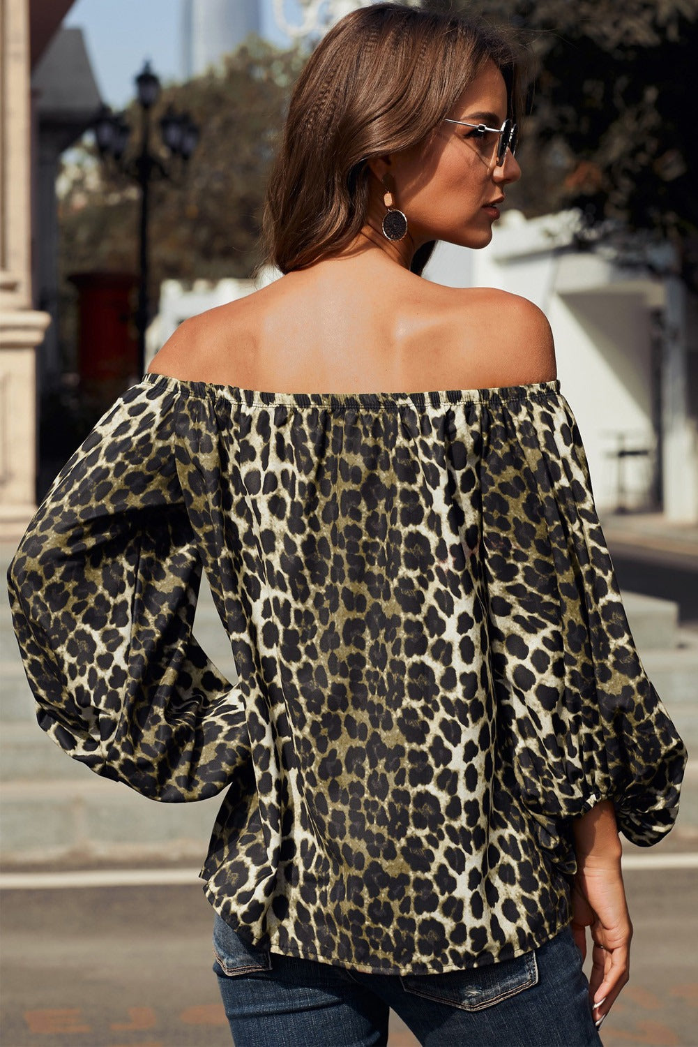 Women's Off Shoulder Leopard-Print Print Long-Sleeve Elastic Neck Top