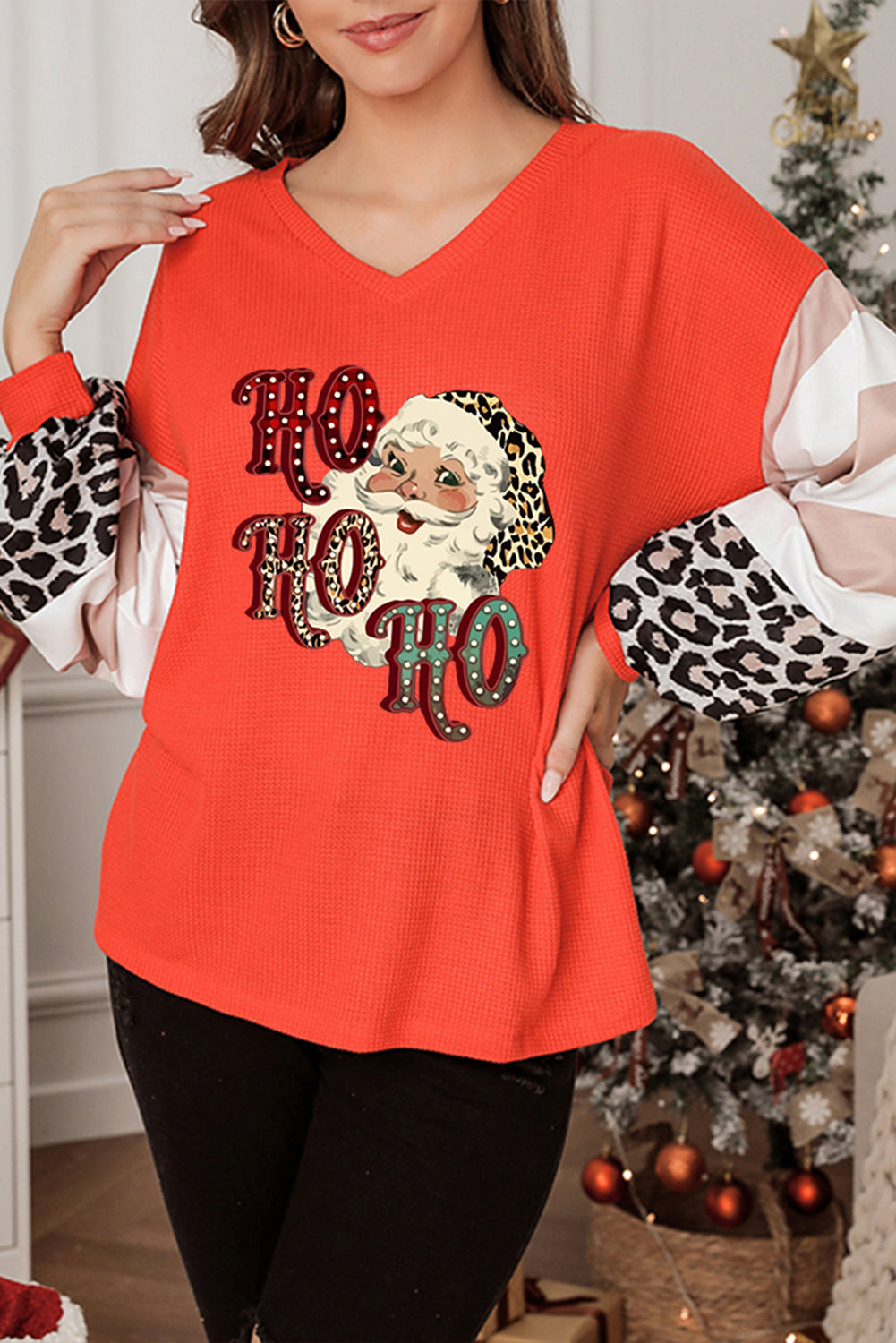 Women's Knit Top Featuring Christmas Waffle