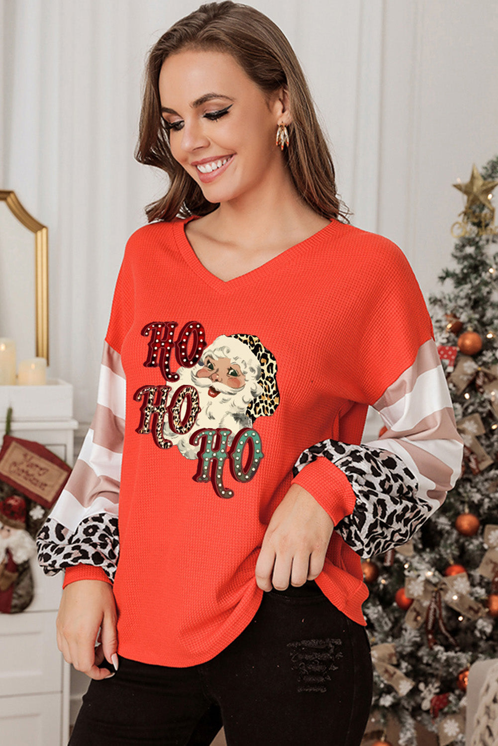 Women's Knit Top Featuring Christmas Waffle