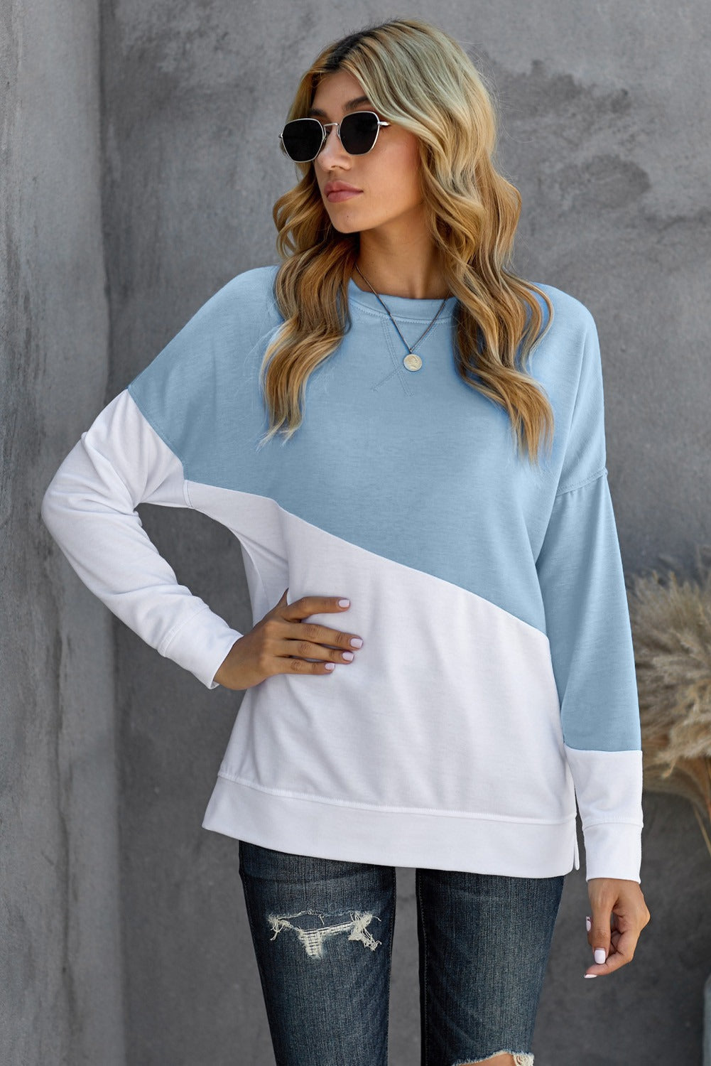 Sweatshirt for Women Dropped Shoulder Light Blue White Patchwork