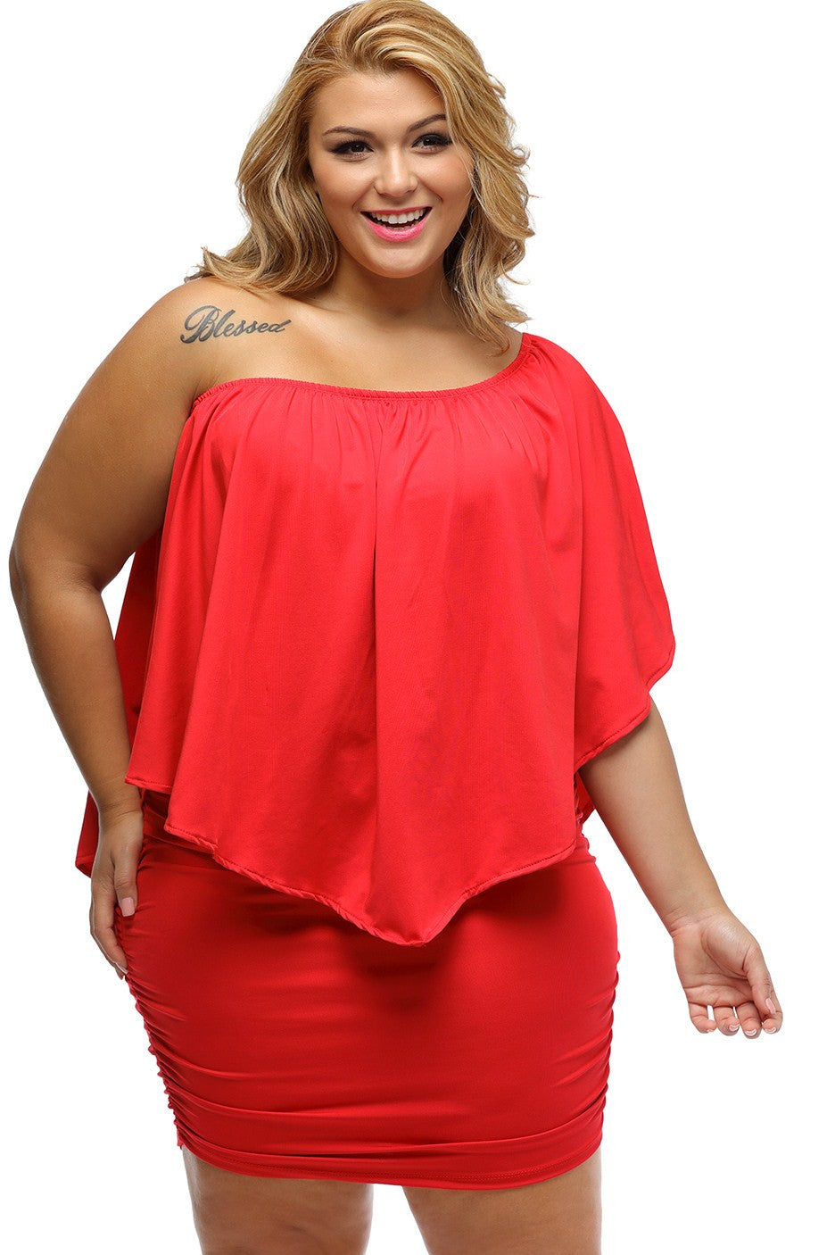 Women's Multi-way Layered Ruffle-Trimmed Red Mini Plus Size Dress
