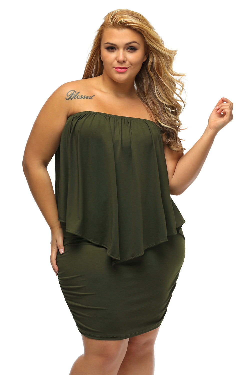 Women's Mini Dress with Layered Army Green Plus Size Multiple Dressing