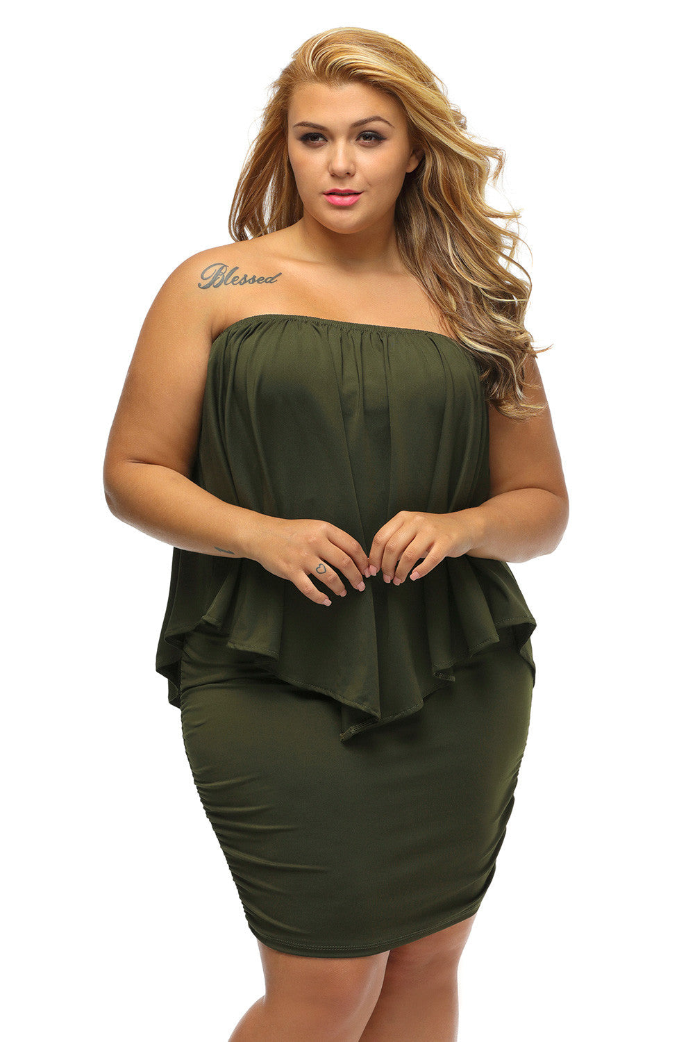 Women's Mini Dress with Layered Army Green Plus Size Multiple Dressing