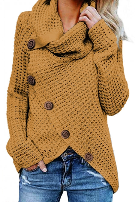 Women's Wrap Mustard Button-Front Turtleneck Sweater