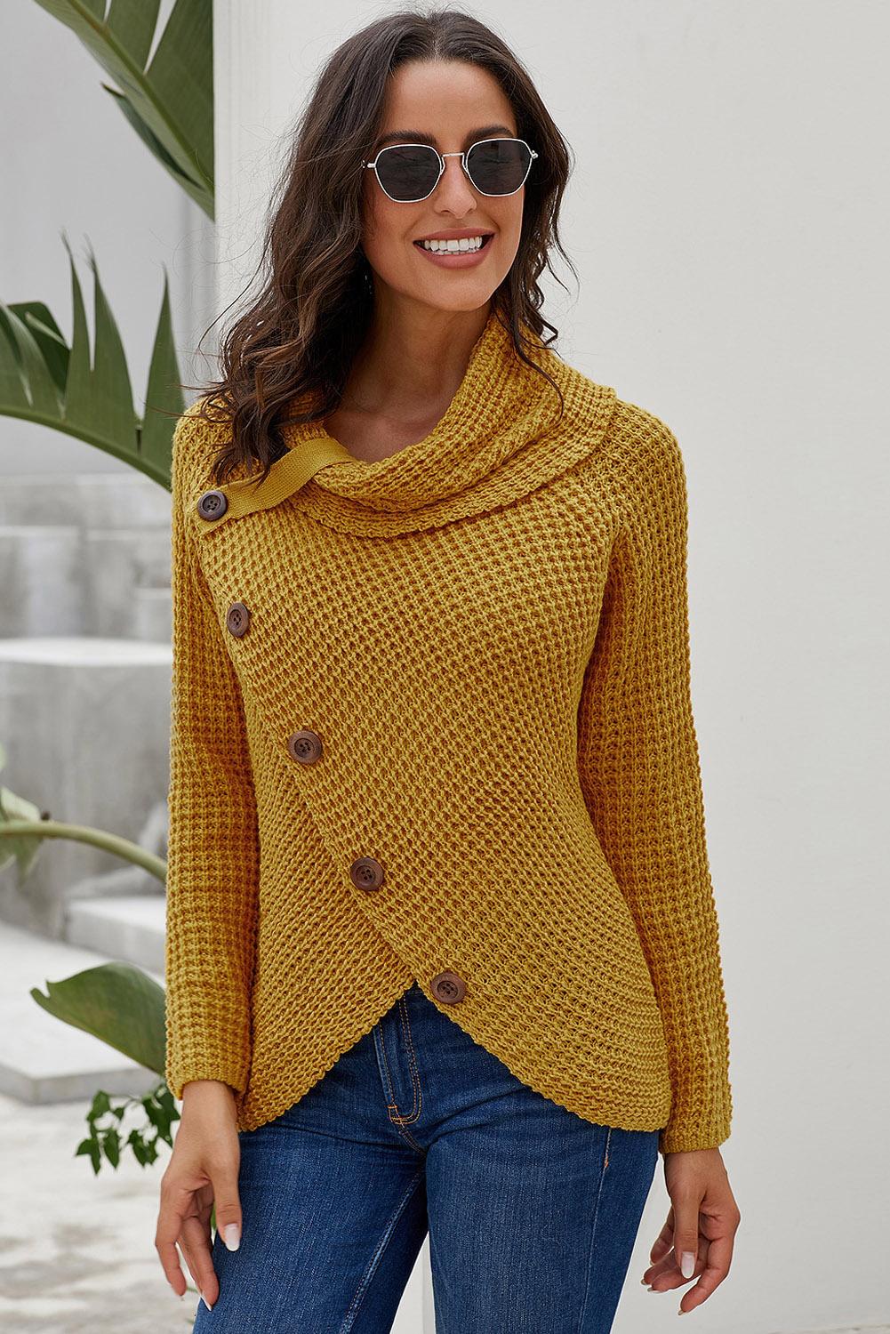 Women's Wrap Mustard Button-Front Turtleneck Sweater