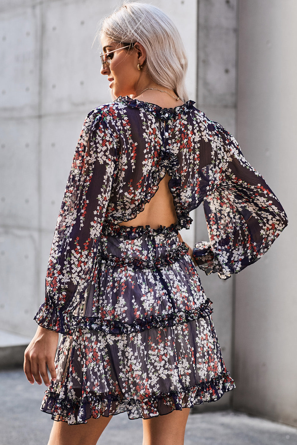 Dress for Women Open-Back Floral-Print Navy Blue Ruffle-Trimmed Detailing Long-Sleeve