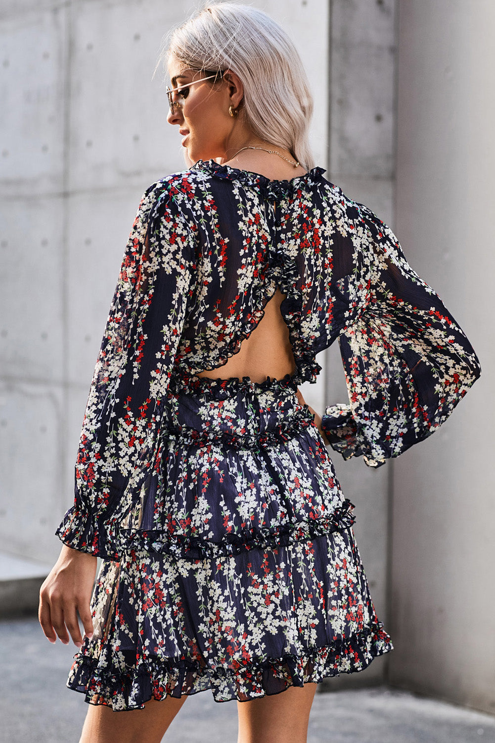 Women's Dress Featuring White Ruffle-Trimmed Detailing V-neck Open-Back Floral-Print